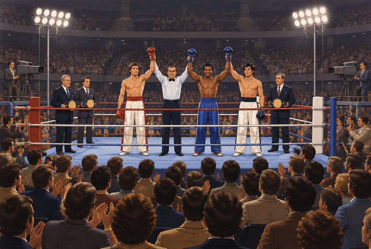 Three fighters with raised arms in a ring at the centre of a crowded 1970s arena.