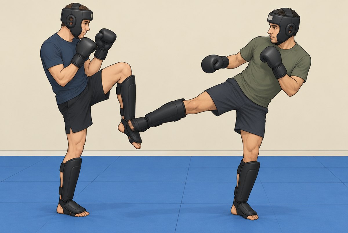 A student checking a low kick by lifting the shin as the partner kicks.