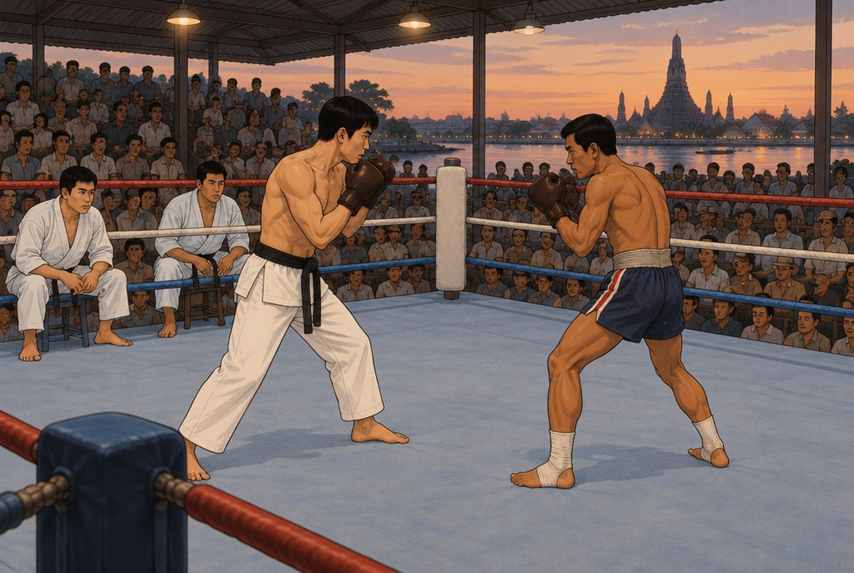 A karateka and a Thai boxer facing each other in a Bangkok ring while a crowd watches.