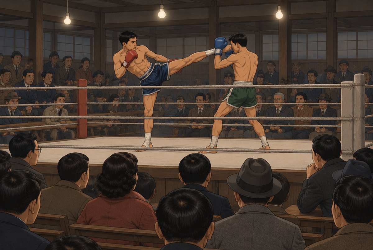 Two Thai fighters in a ring in a Tokyo hall, one kicking, watched by a Japanese crowd.