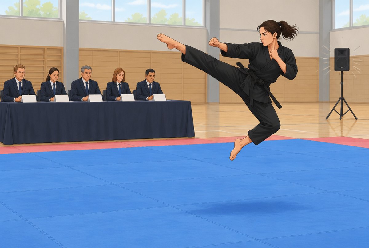 A woman in a black uniform leaping into a high kick on a mat before a row of seated judges.