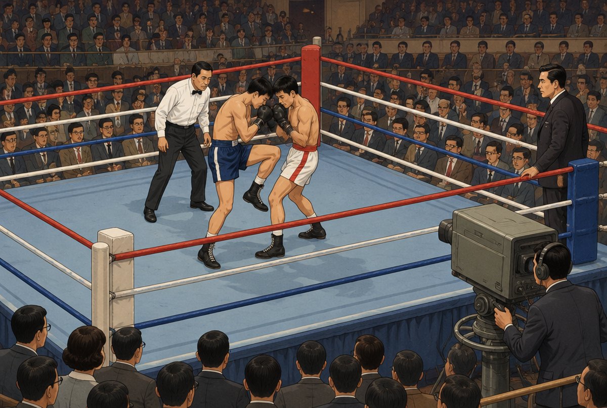 Two fighters in a 1960s Osaka ring with a television camera at ringside.