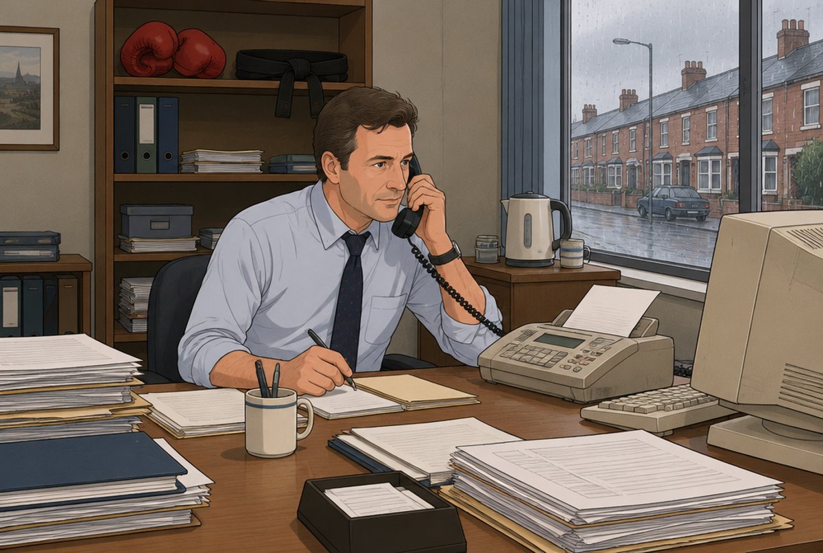 A man on the phone at a 1990s office desk with boxing gloves on the shelf behind him.