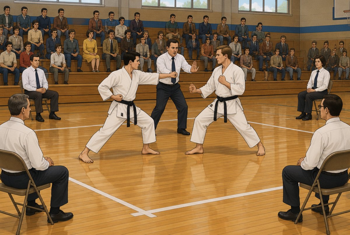 A referee stopping two karate fighters in a 1960s gymnasium tournament.