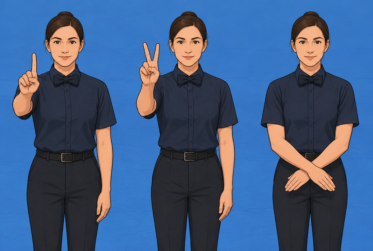 A referee shown three times: one finger raised, two fingers raised, arms crossed at the waist.