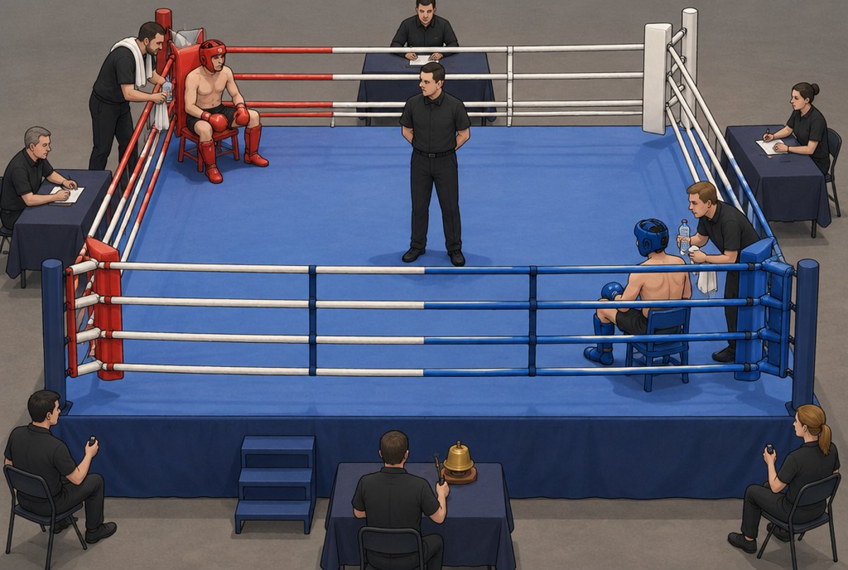 A four rope ring with fighters in their corners and judges at tables on three sides.
