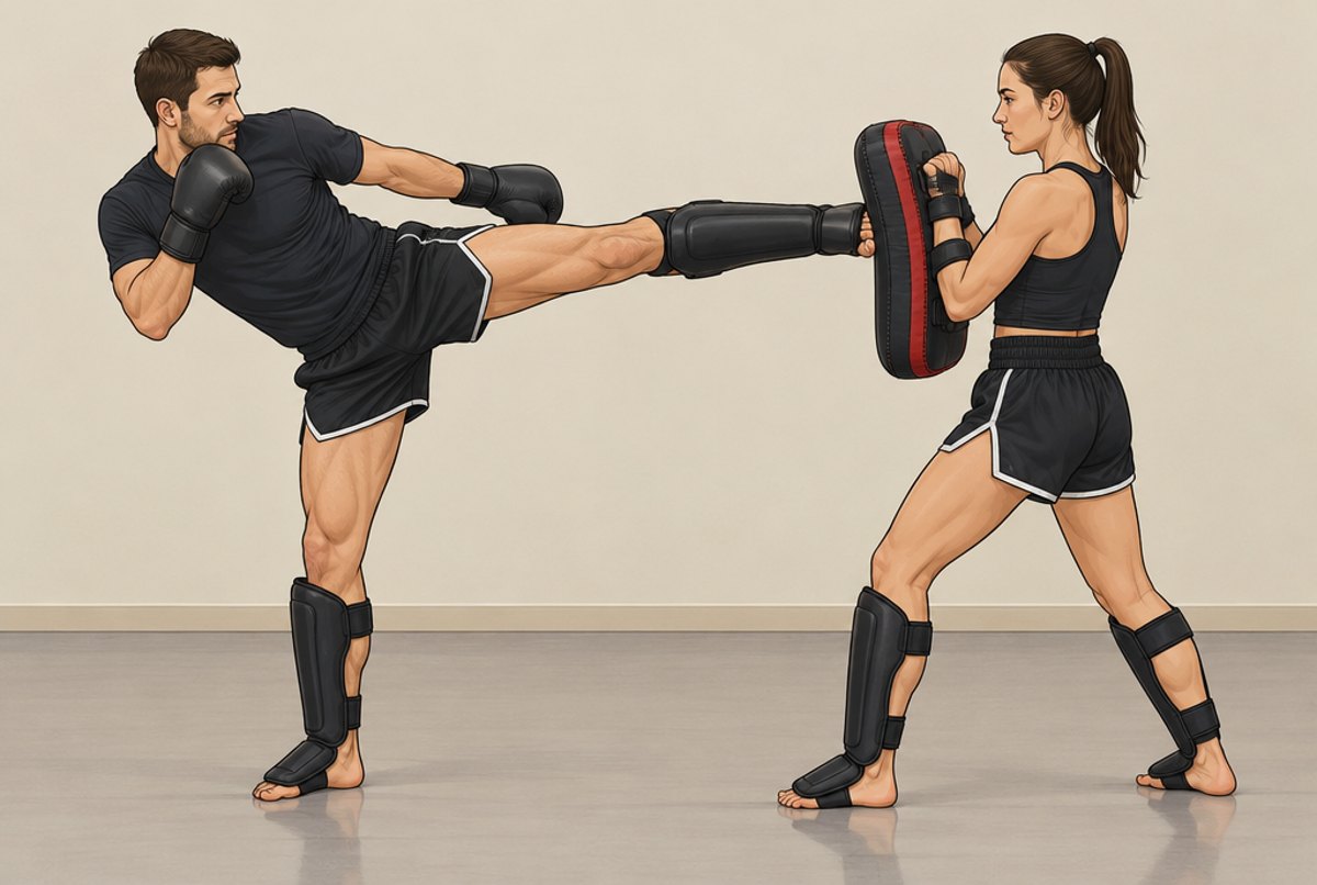 A student swinging a roundhouse kick with the shin into a pad.