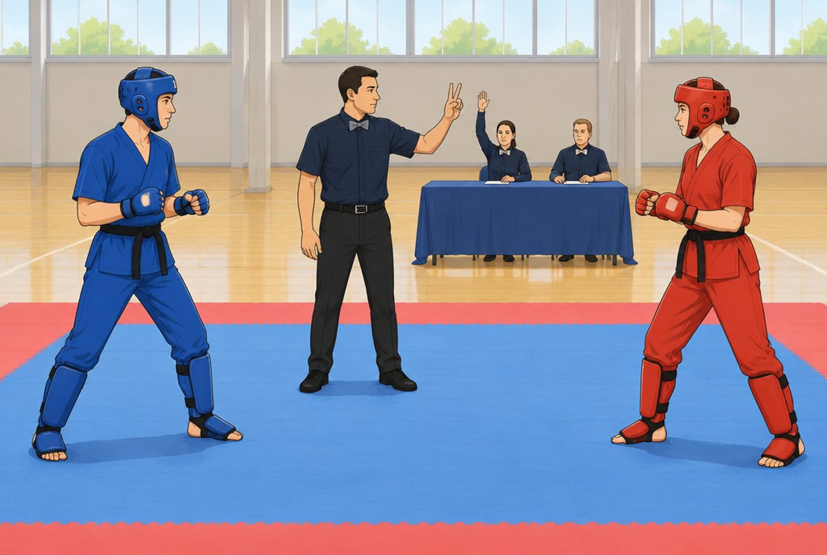 A referee holding up two fingers between two fighters on a blue mat while a judge agrees.