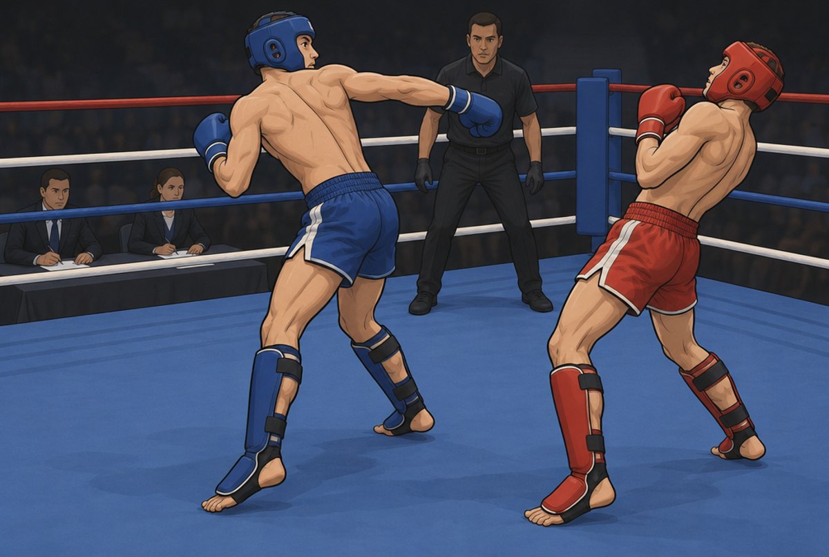 A fighter in a head guard spinning to throw a backfist at an opponent who leans away.