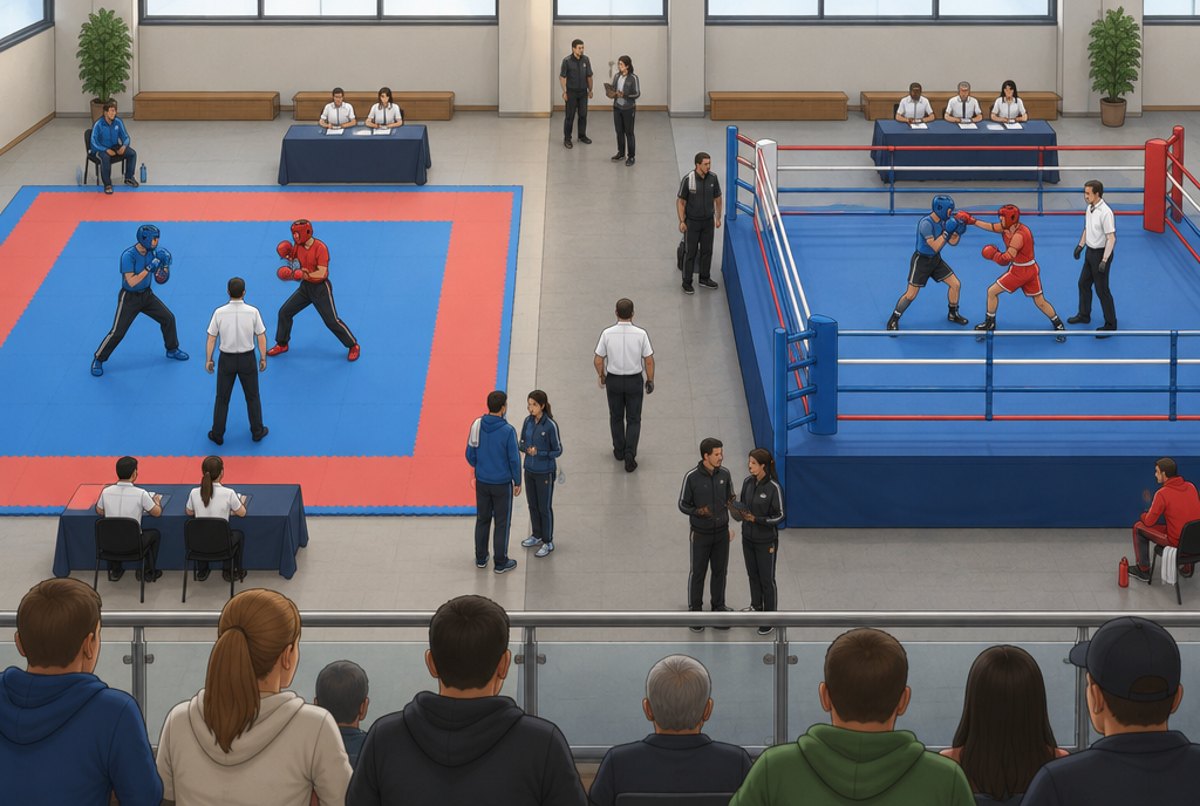 A competition hall with a blue mat on the left and a boxing ring on the right, both in use.
