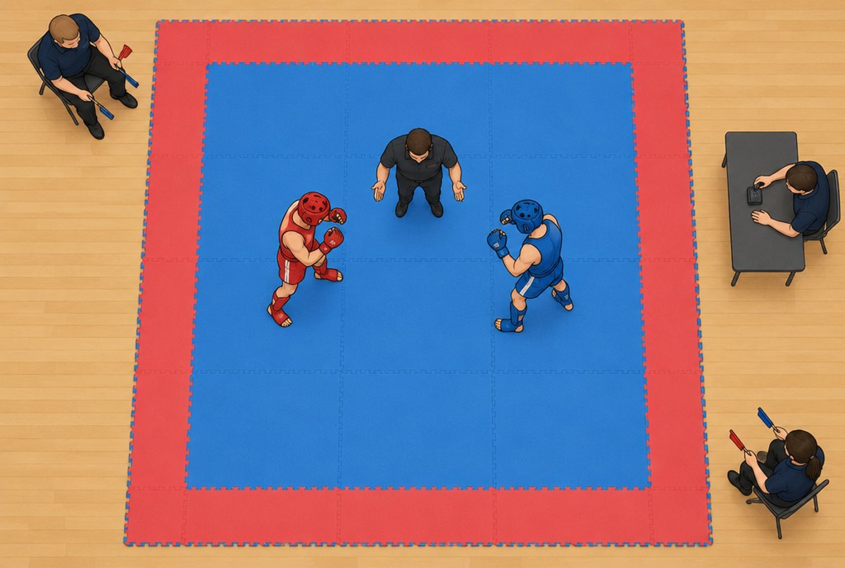 A top down view of a square blue mat with a red border, a referee, two fighters and two judges.
