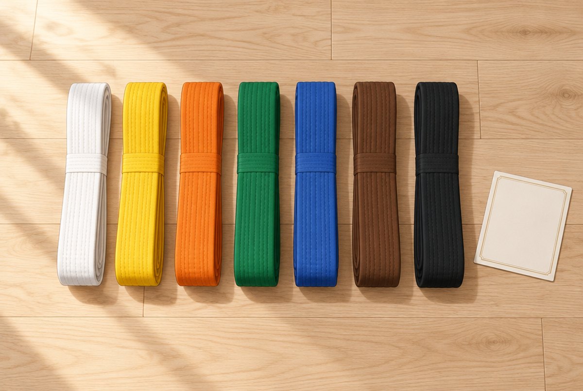Seven belts laid out in a row from white to black on a wooden floor.