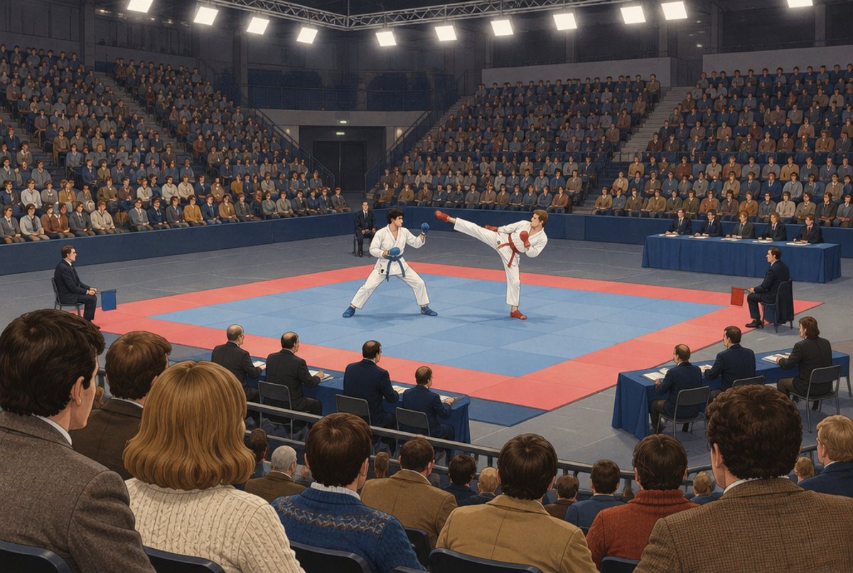 Two fighters sparring on a mat in the centre of a crowded 1980 arena.