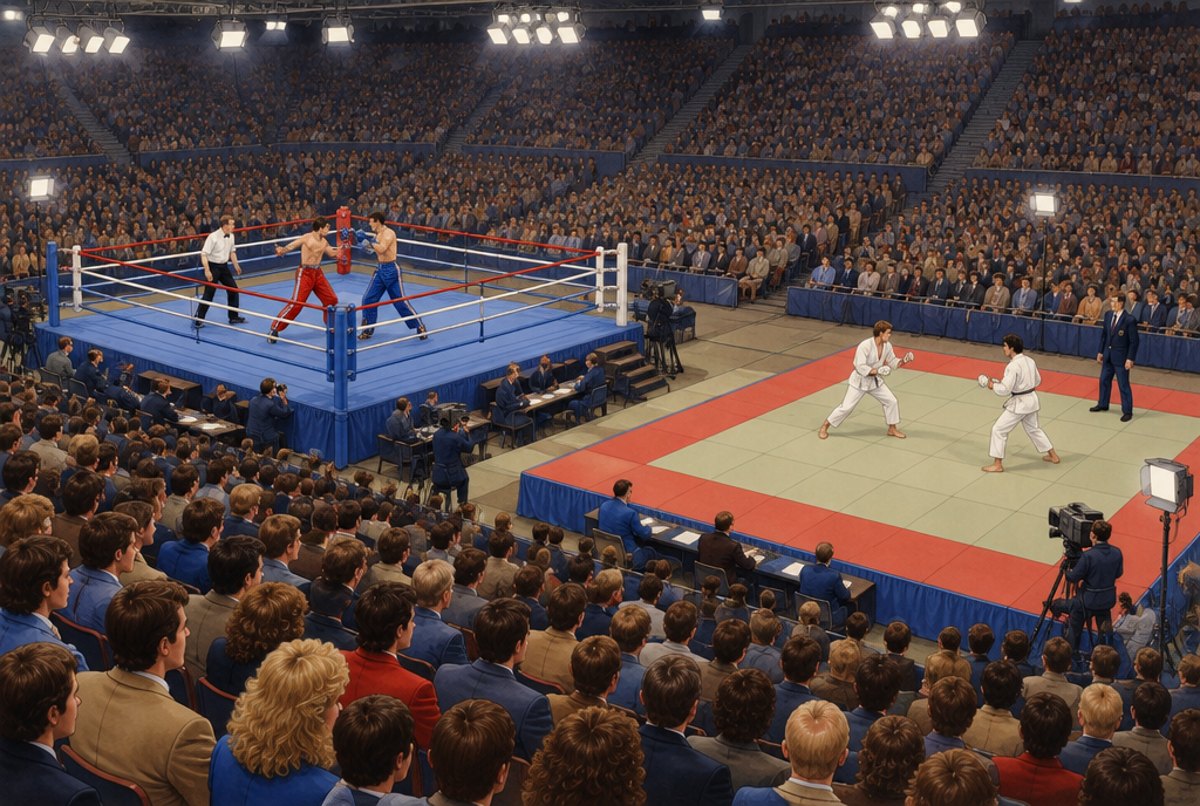 A ring and a mat in use at the same time in a crowded 1983 arena.