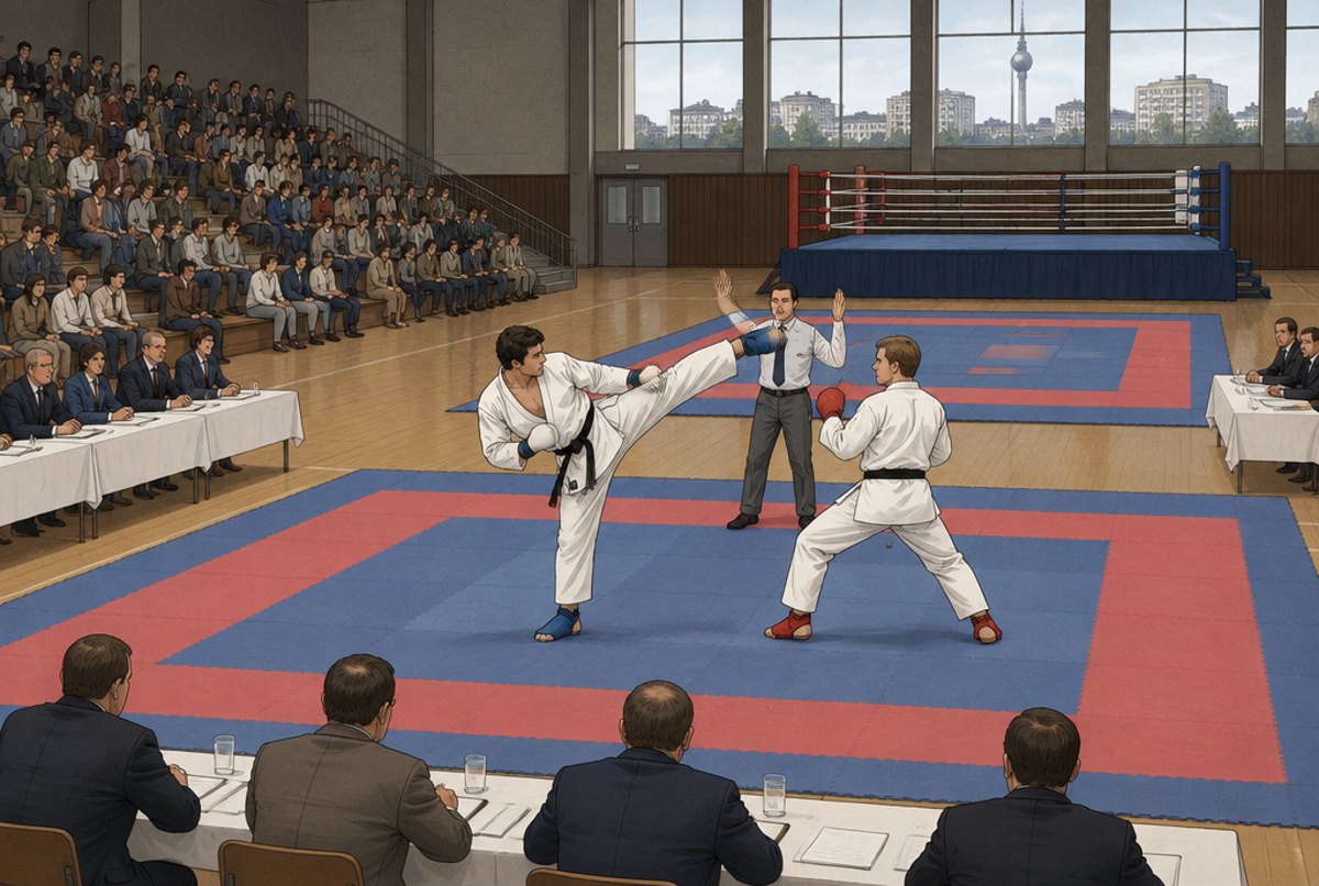 Two fighters in white uniforms sparring on a mat in a 1970s sports hall with a ring behind.