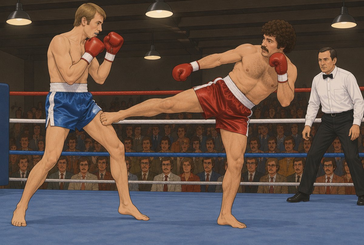 A fighter landing a roundhouse kick to his opponent's thigh in a 1970s ring.