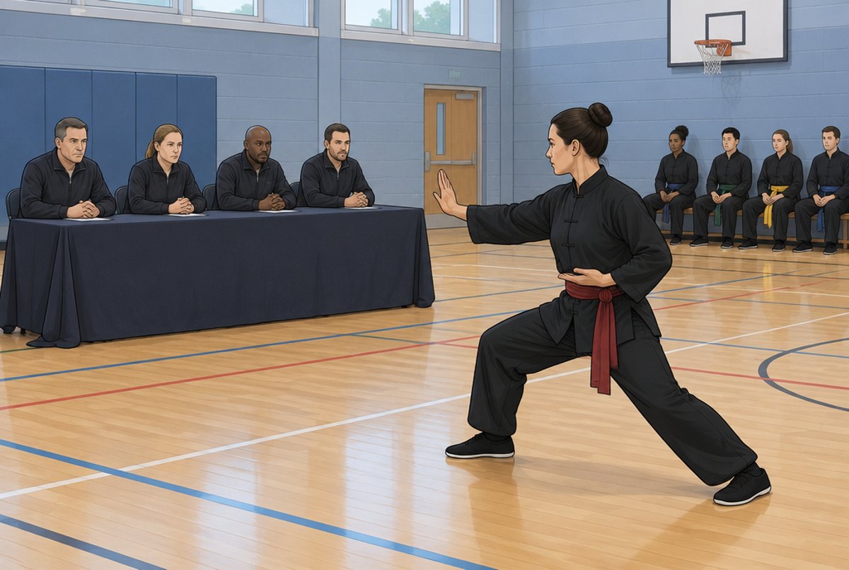 A candidate performing a form in front of four examiners seated at a table.
