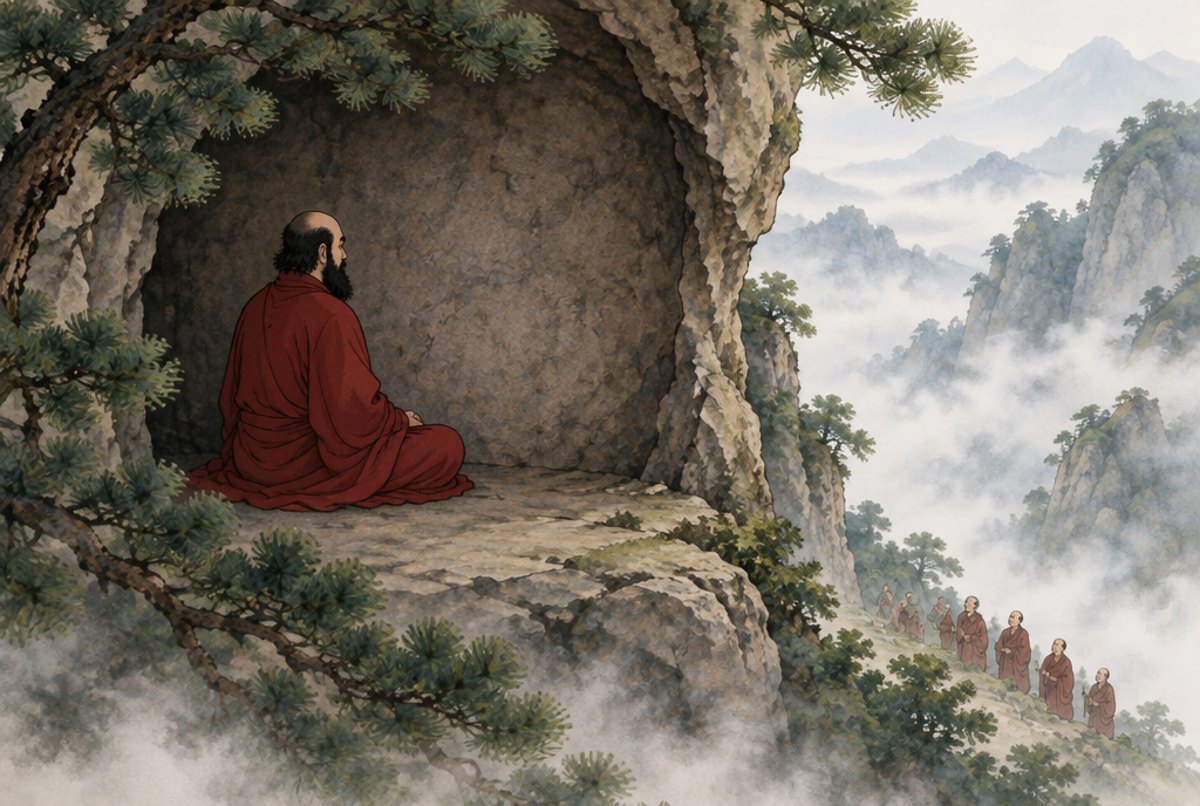 A robed monk meditating facing a cave wall on a misty mountain, painted in a soft legend style.