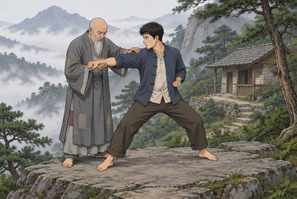 An old monk on a misty mountain correcting a young man's arm strike.