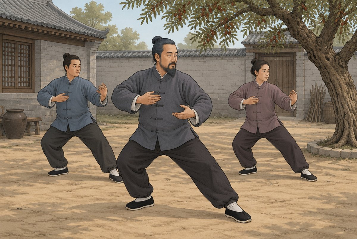 A teacher leading two students in a slow tai chi movement in a village courtyard.