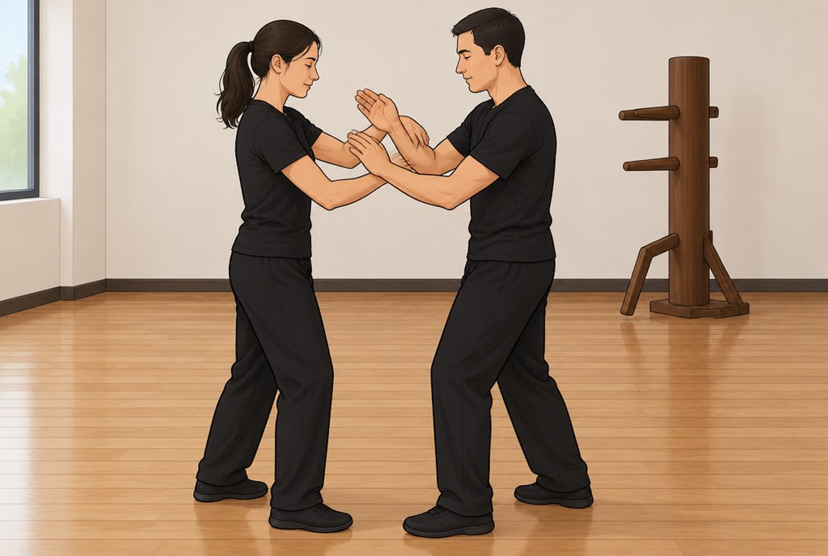 Two people facing each other with forearms touching in the sticky hands drill.
