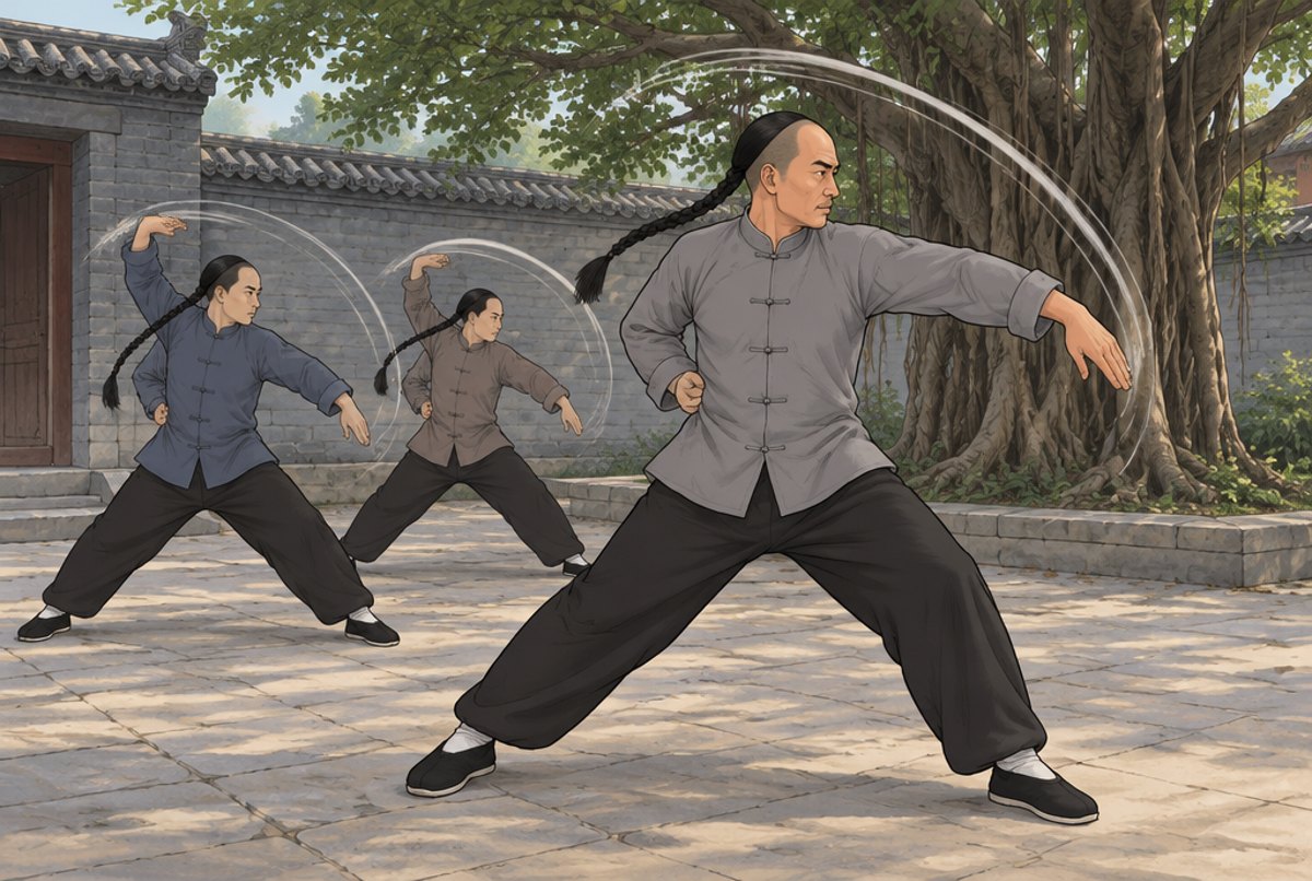 A martial artist throwing a long swinging arm strike with a twist of the body while students copy him.