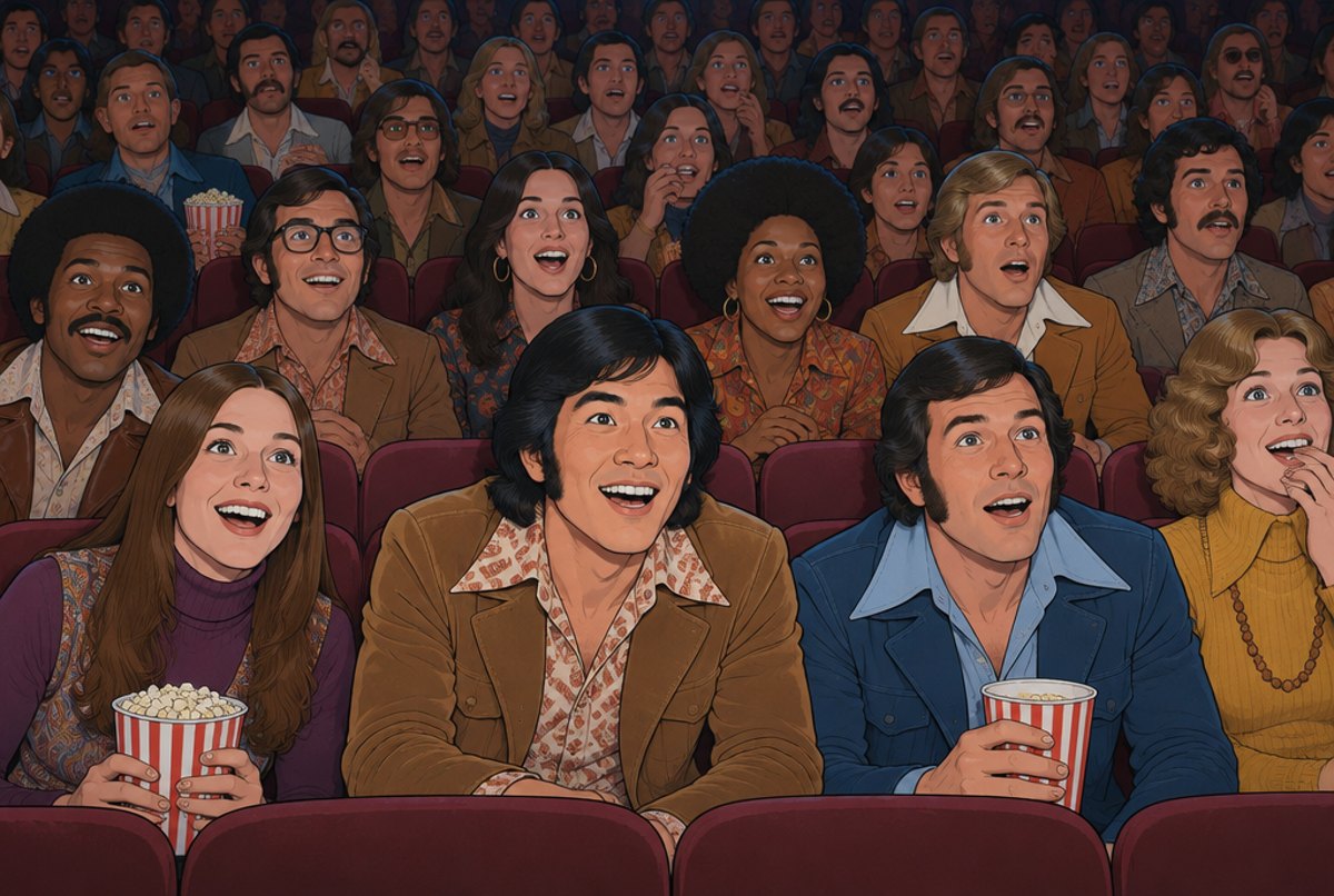 A 1970s cinema audience leaning forward in their seats, lit by the glow of the screen.
