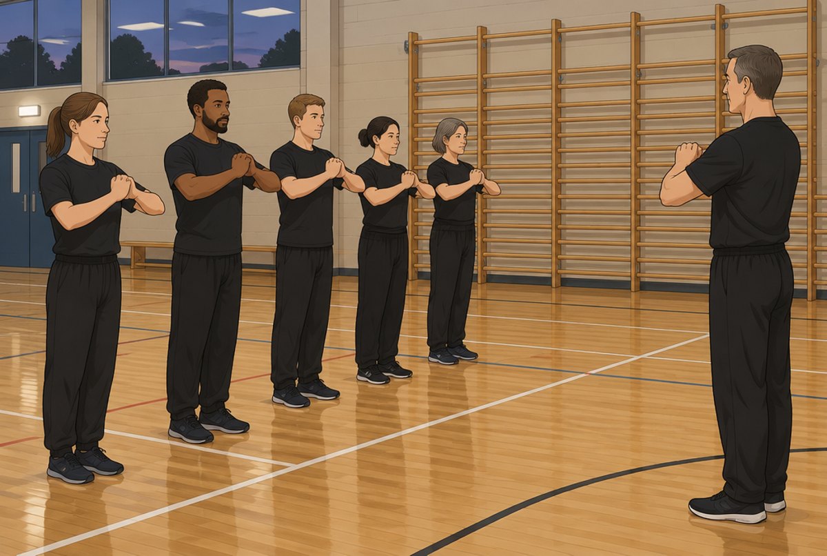 A line of adult students making the palm and fist salute to their instructor in a sports hall.