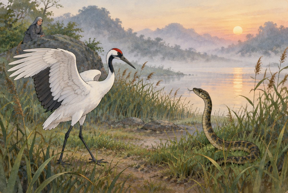A crane with spread wings facing a raised snake on a riverbank while a nun watches, in legend style.