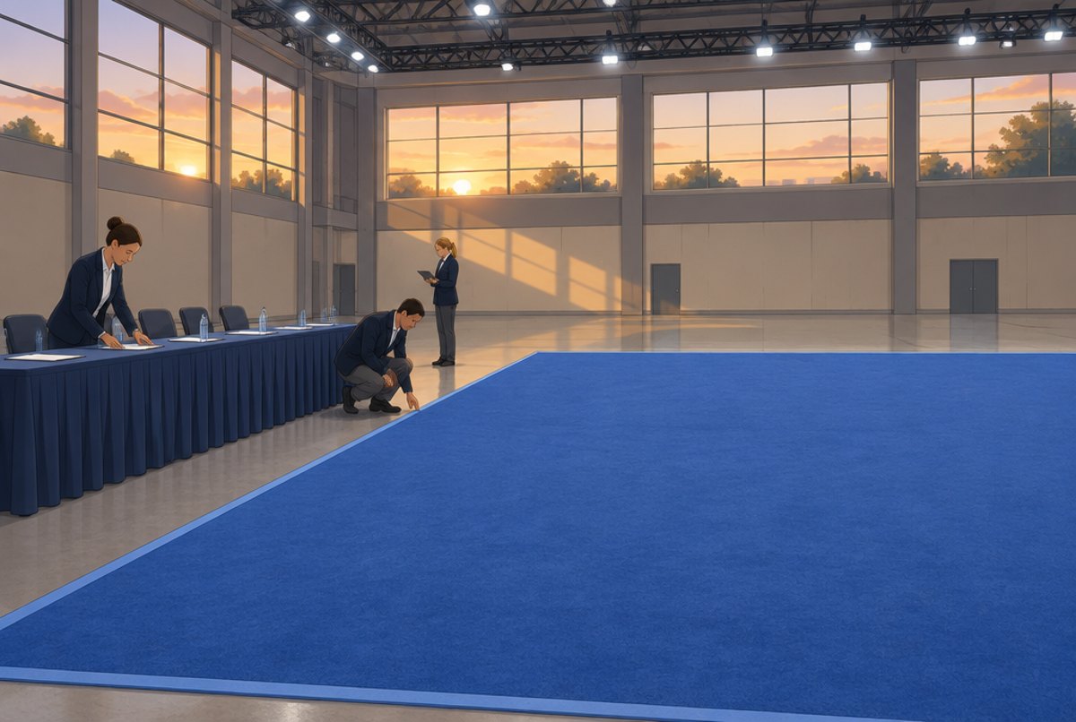 An empty blue competition carpet in a large hall while officials prepare the judges' table.