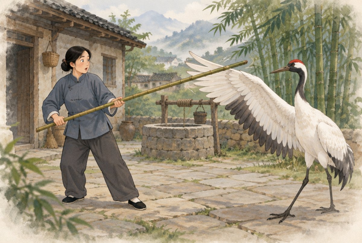 A woman with a long stick and a white crane brushing it aside with its wing, in legend style.