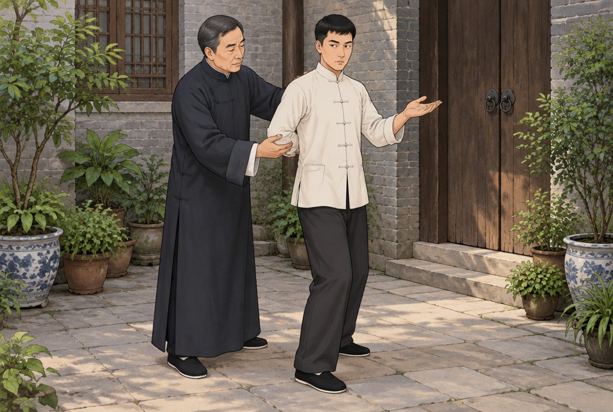 An older teacher adjusting a young man's arm position in a small courtyard.