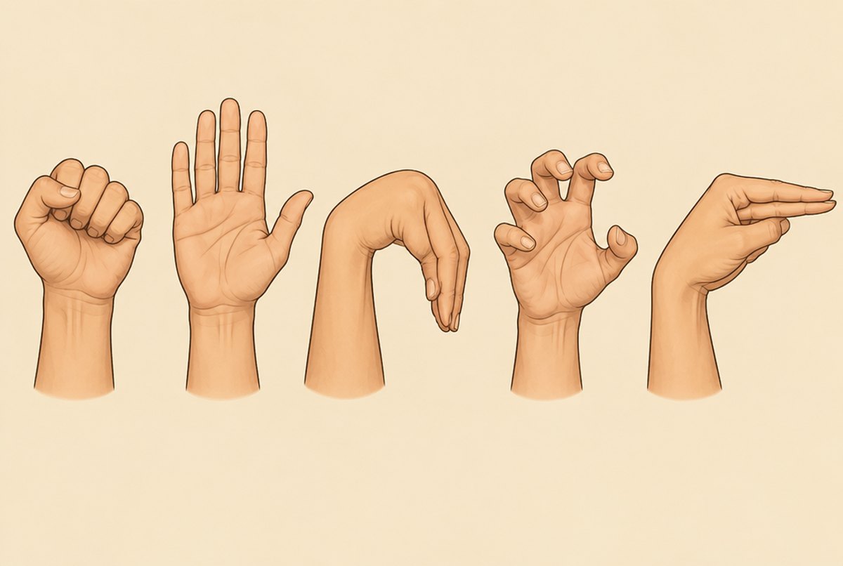 Five hands showing a fist, a palm, a hook, a tiger claw and a crane's beak.