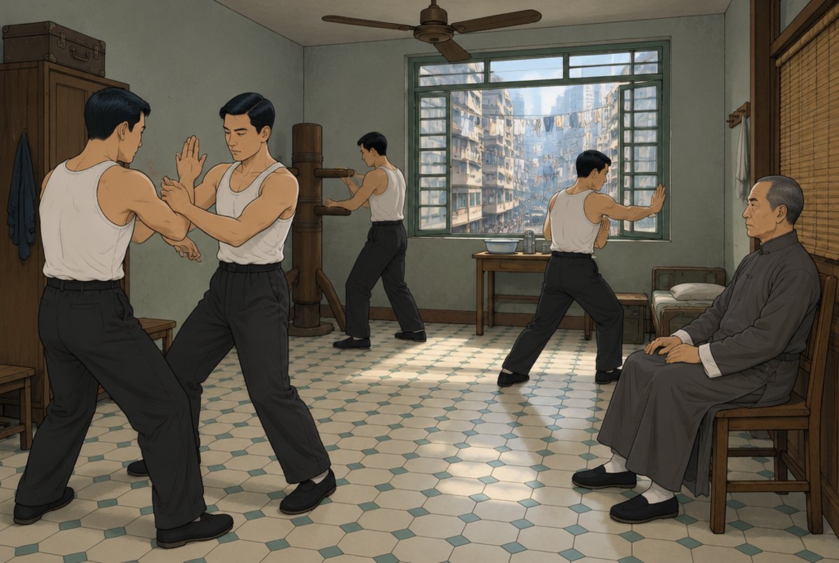 A small 1950s room where men practise Wing Chun while an older teacher in a gown watches.