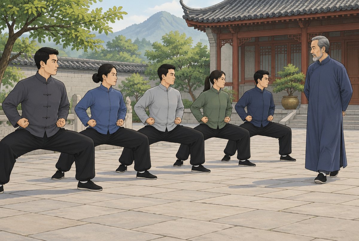 A line of students holding a deep horse stance while their teacher walks past.