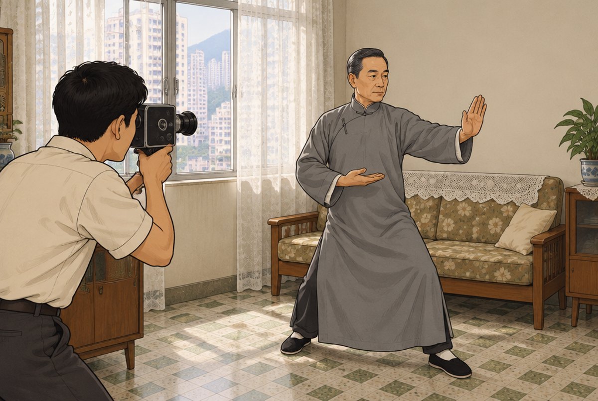 An older man in a gown performing a form in a small flat while a younger man films him.