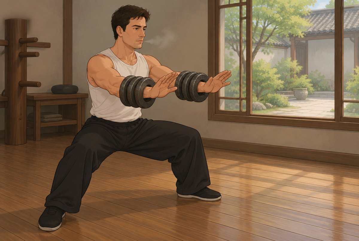 A man in a low stance with heavy iron rings on his forearms, pushing forward slowly.