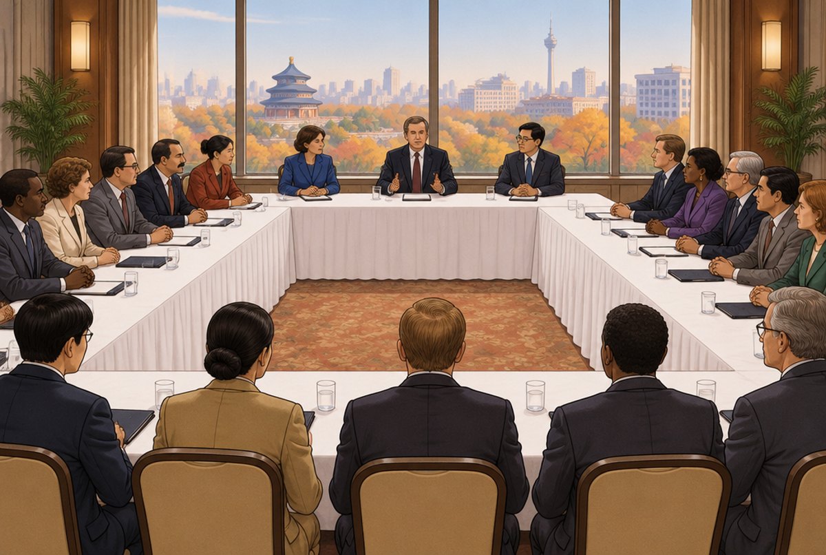 Delegates around a horseshoe of tables in a 1990 meeting room.