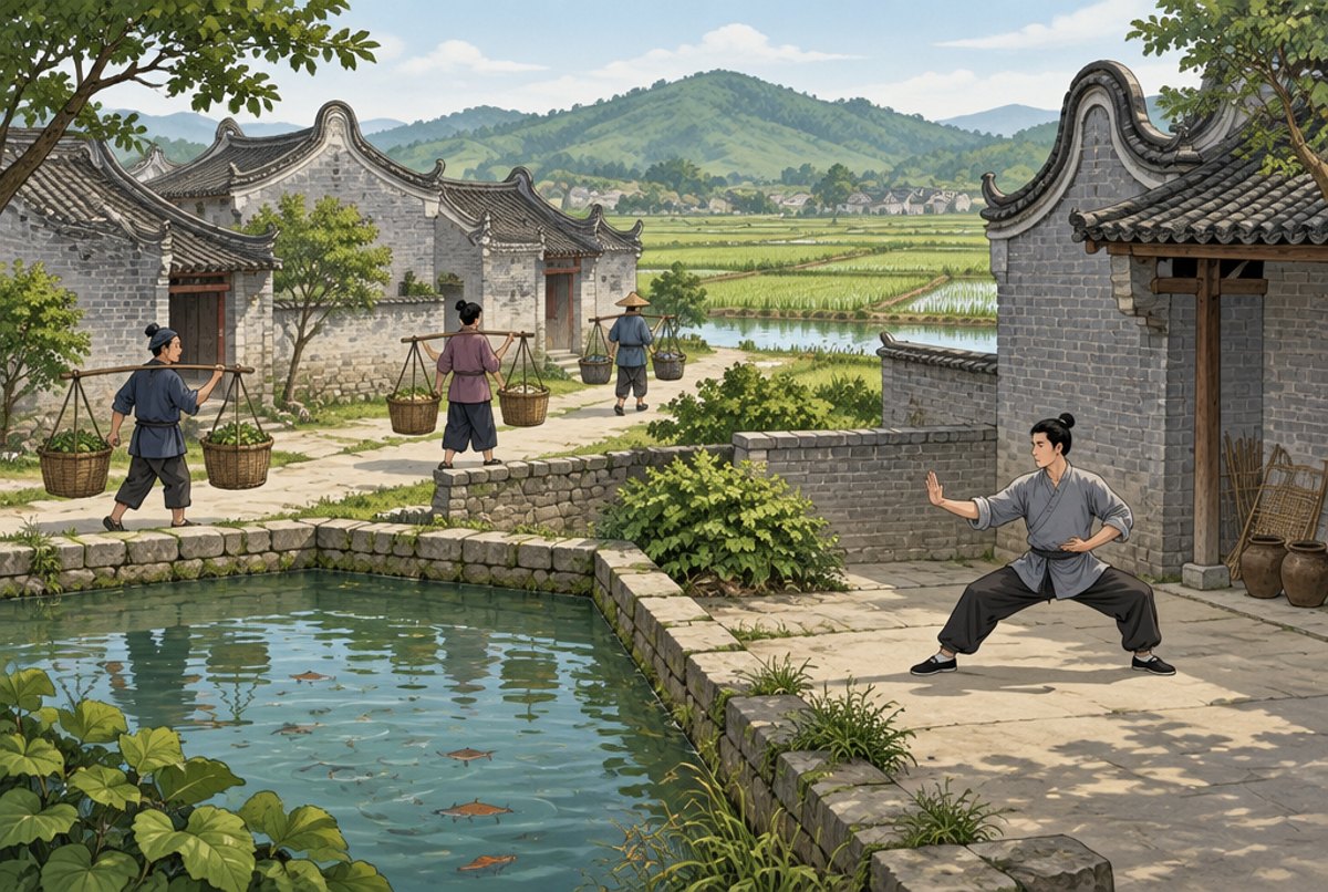 A Guangdong village of grey brick houses and rice fields, with a young man practising a stance in a courtyard.