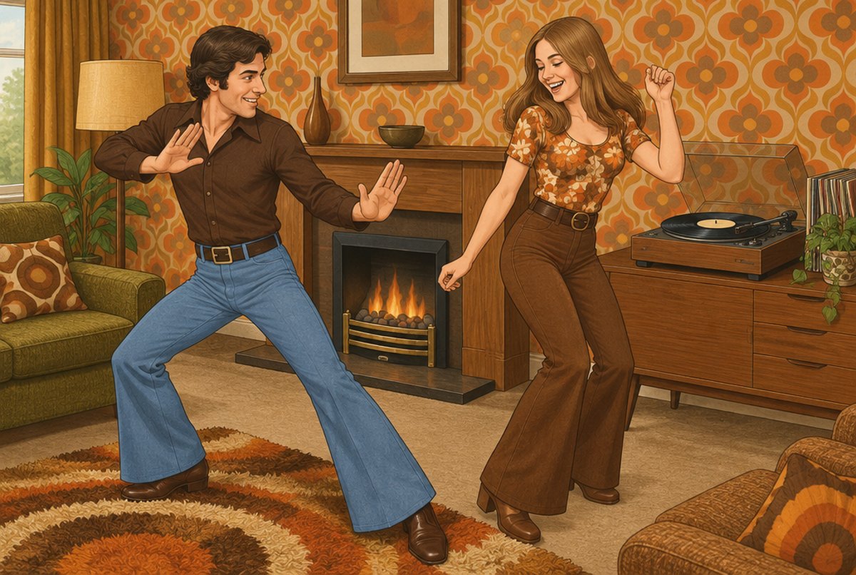 Two people dancing and striking playful kung fu poses in a 1970s sitting room as a record plays.