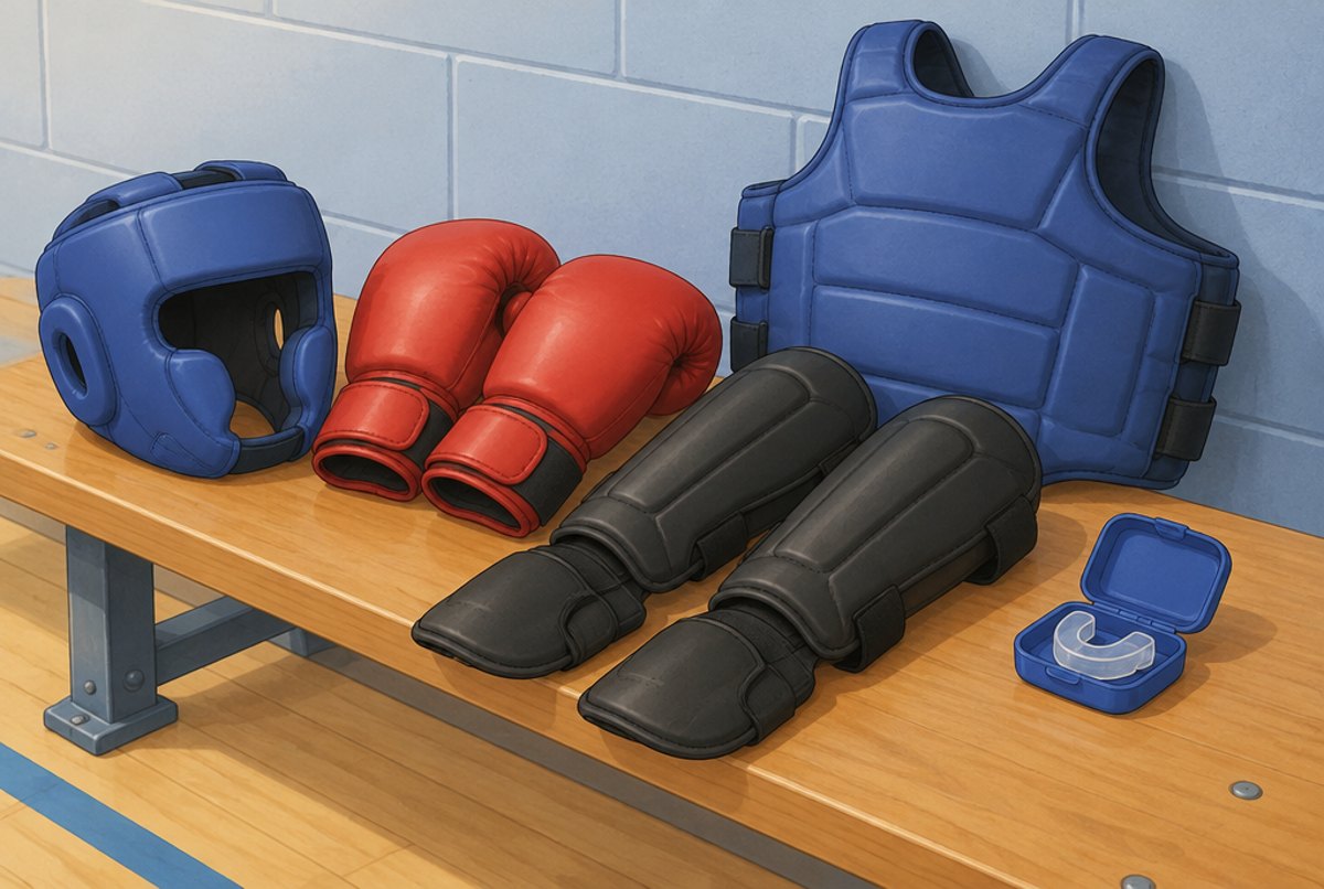 A head guard, gloves, shin pads, body protector and gum shield laid out on a bench.