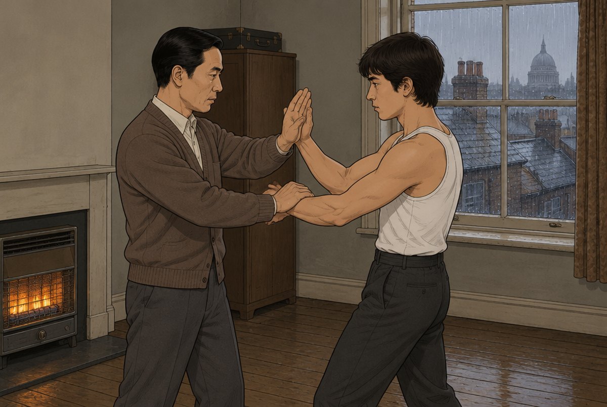 A teacher and a young man practising Wing Chun hand positions in a small London room on a rainy day.