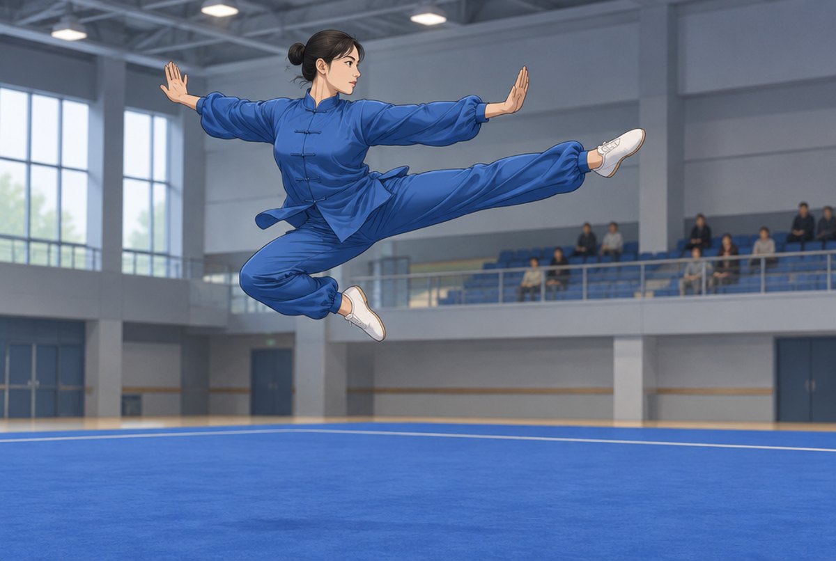 A wushu athlete leaping high in a jumping kick on a blue competition carpet.