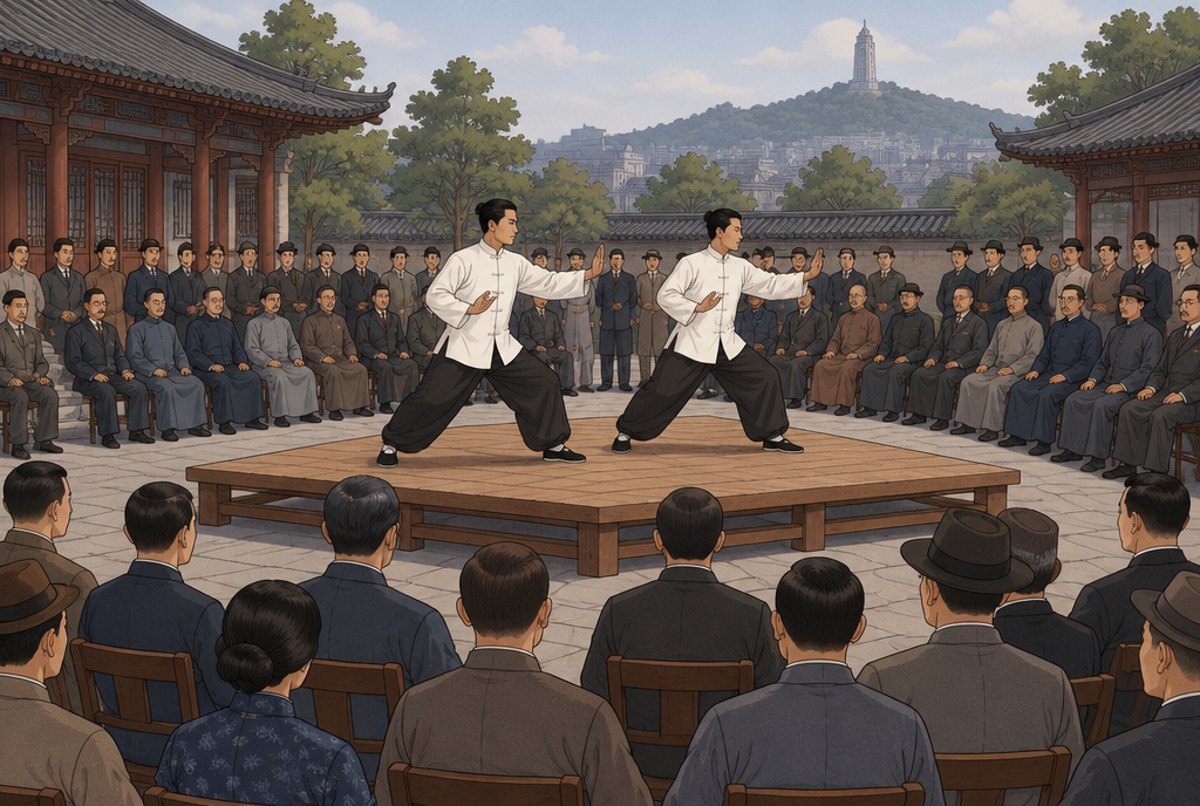 Two martial artists demonstrating forms on a platform before a large crowd in a 1920s courtyard.