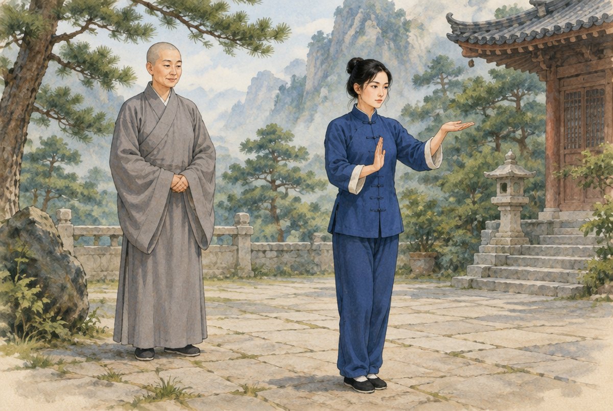 An older nun watching a young woman practise a hand position in a temple courtyard, in legend style.