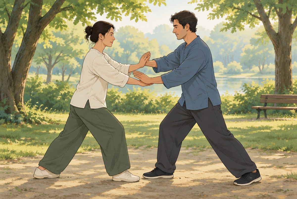Two people in a park with forearms touching in the push hands drill.