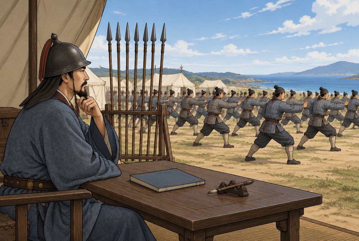 A Ming general at a table with a closed book while soldiers train outside his tent.