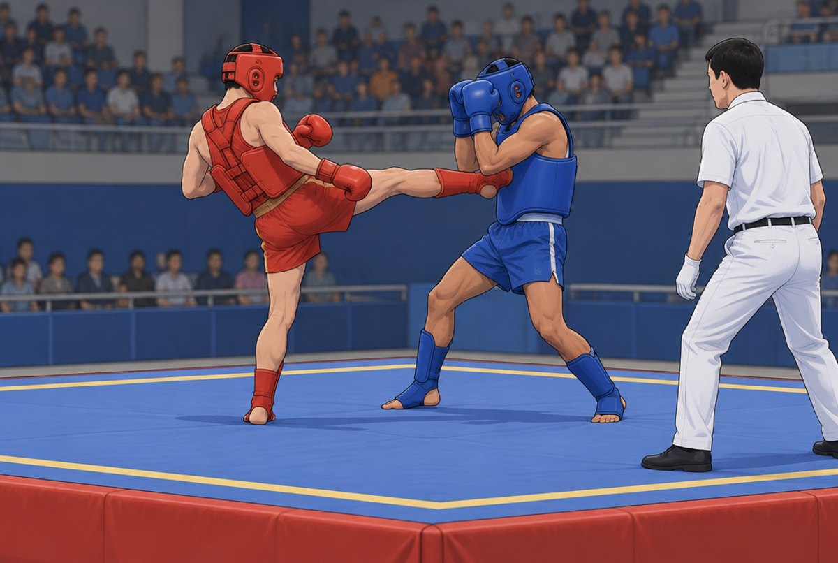 Two fighters in head guards and chest protectors on a raised platform, one kicking to the chest protector.