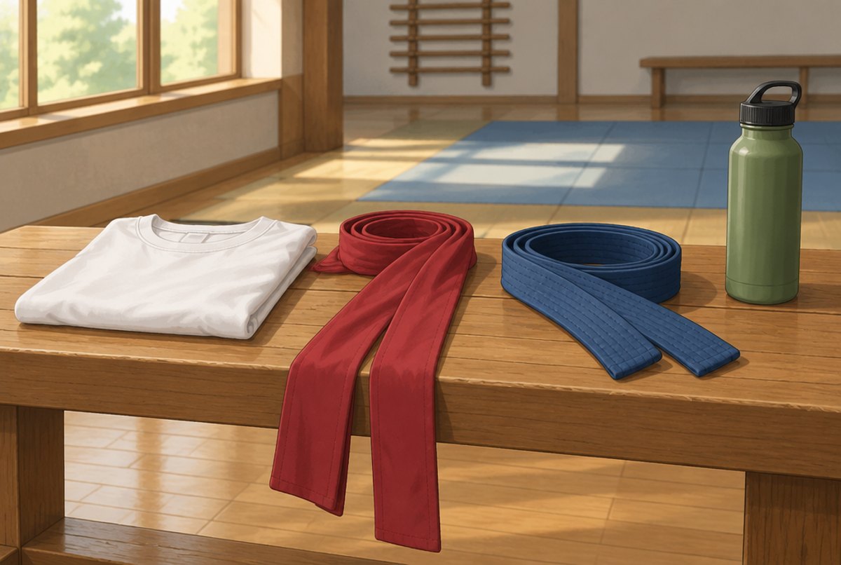 A folded T-shirt, a cloth sash and a karate style belt side by side on a bench.