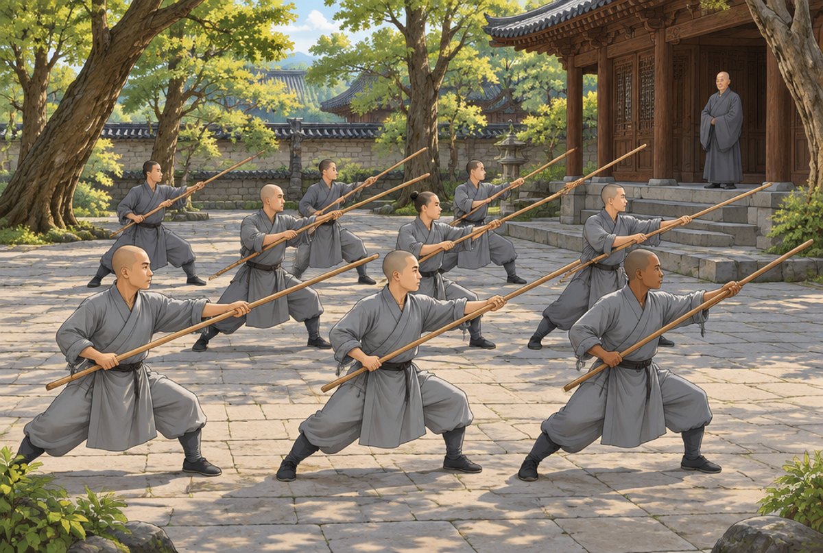 Rows of monks in a courtyard practising the same staff movement together.